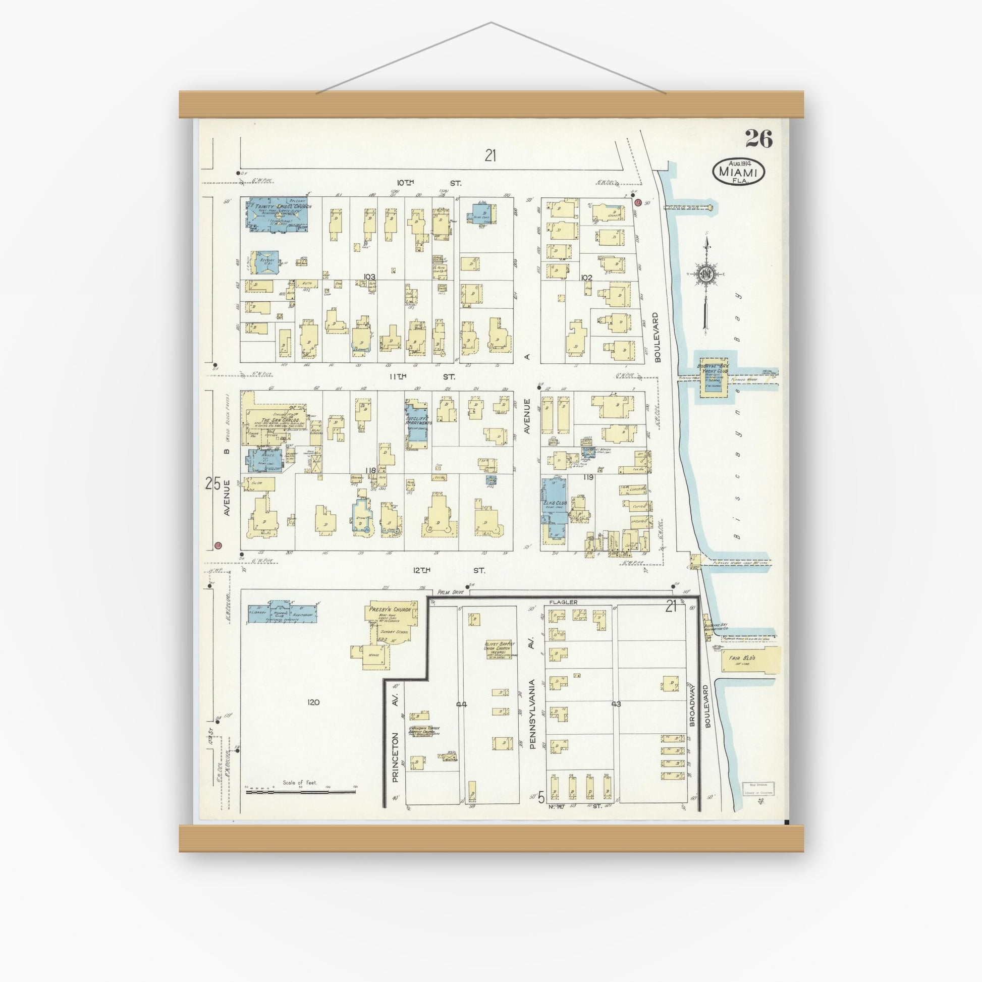 Old map wall art mockup — magnetic wood frame on white wall — Sanborn Fire Insurance Map from Miami, Dade County, Florida (1914), Sheet #0026