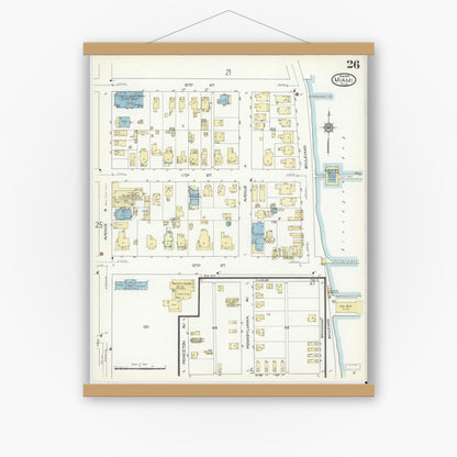 Old map wall art mockup — magnetic wood frame on white wall — Sanborn Fire Insurance Map from Miami, Dade County, Florida (1914), Sheet #0026