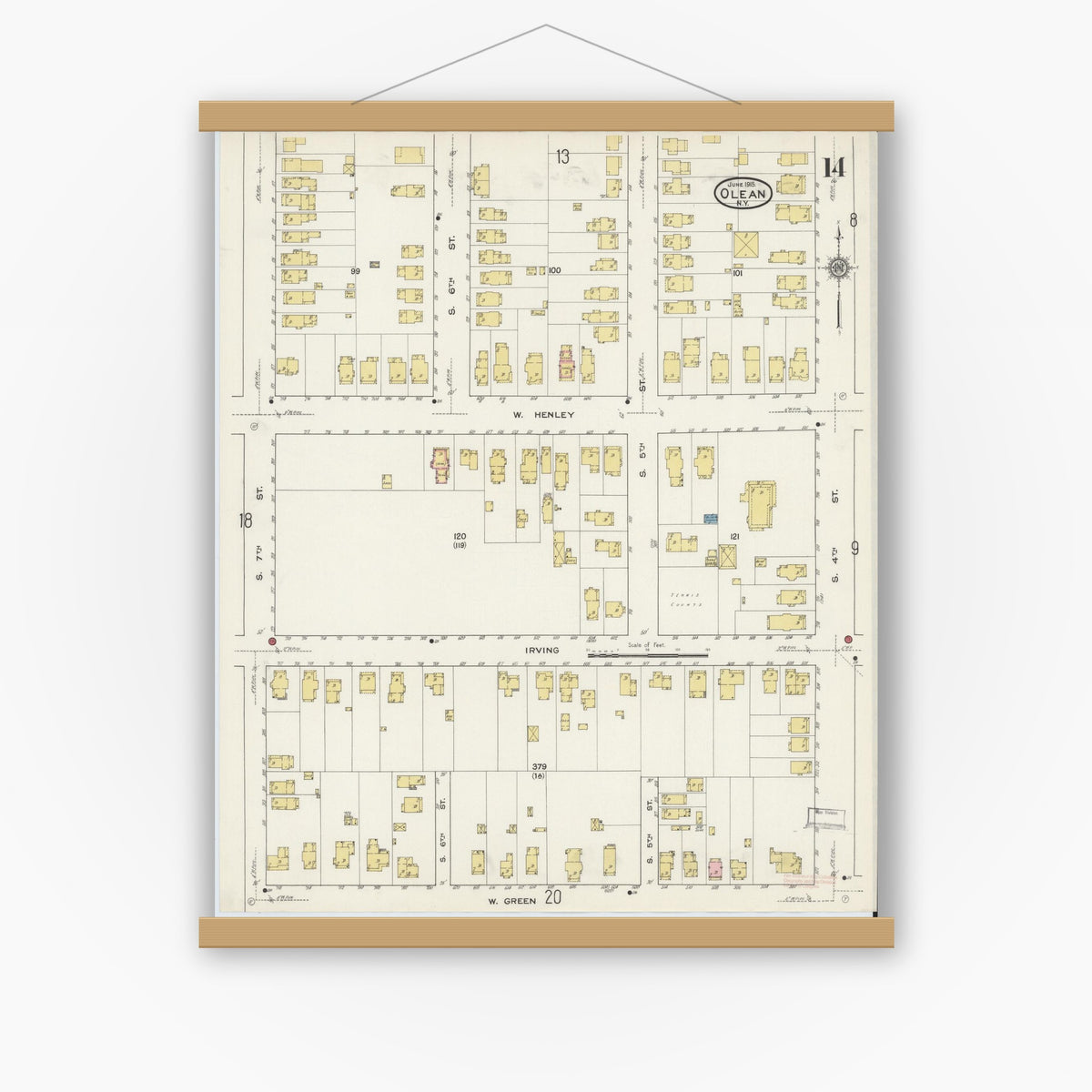 Old map wall art mockup — magnetic wood frame on white wall — Sanborn Fire Insurance Map from Olean, Cattaraugus County, New York (1915), Sheet #0014