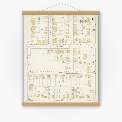 Old map wall art mockup — magnetic wood frame on white wall — Sanborn Fire Insurance Map from Olean, Cattaraugus County, New York (1915), Sheet #0014