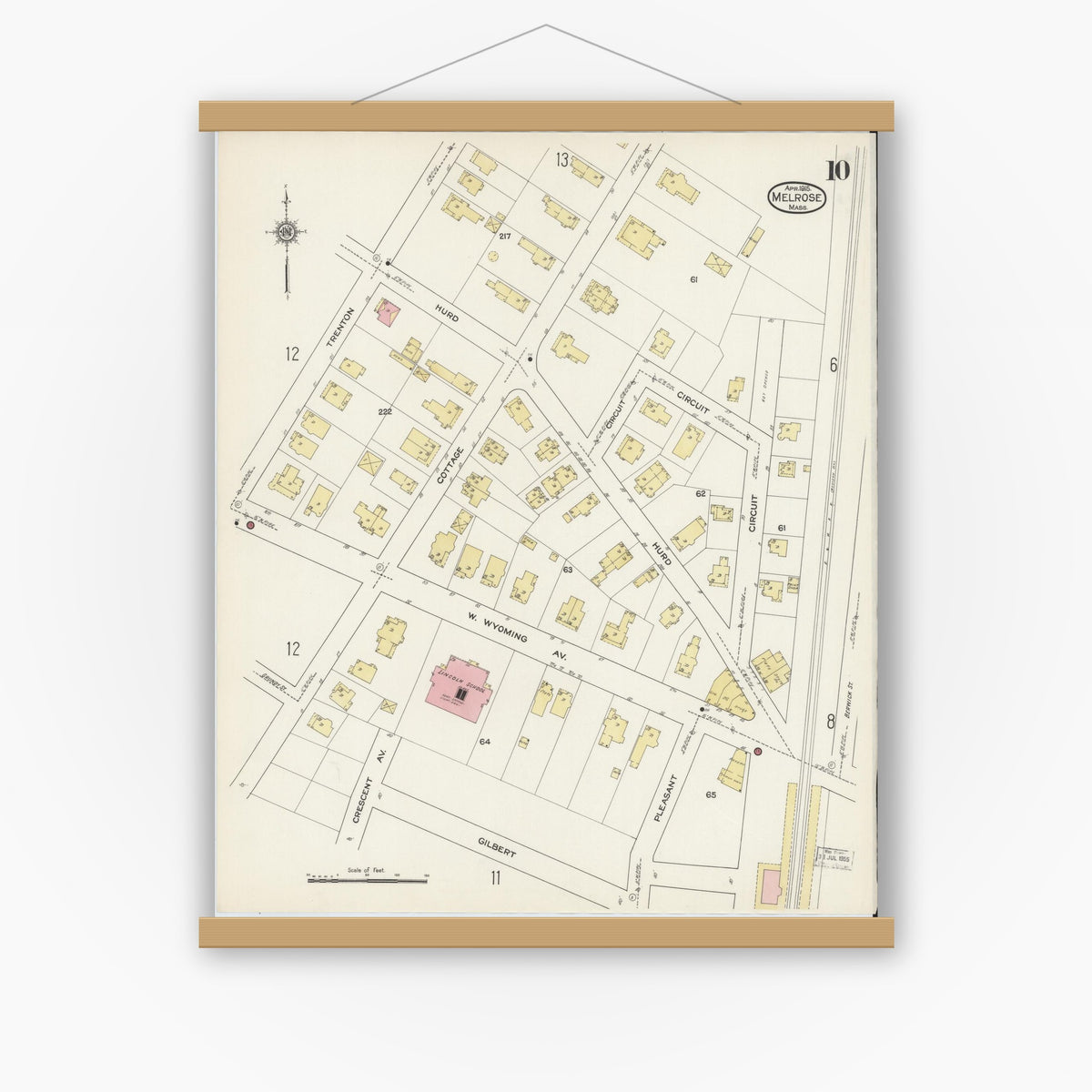 Old map wall art mockup — magnetic wood frame on white wall — Sanborn Fire Insurance Map from Melrose, Middlesex County, Massachusetts (1915), Sheet #0010