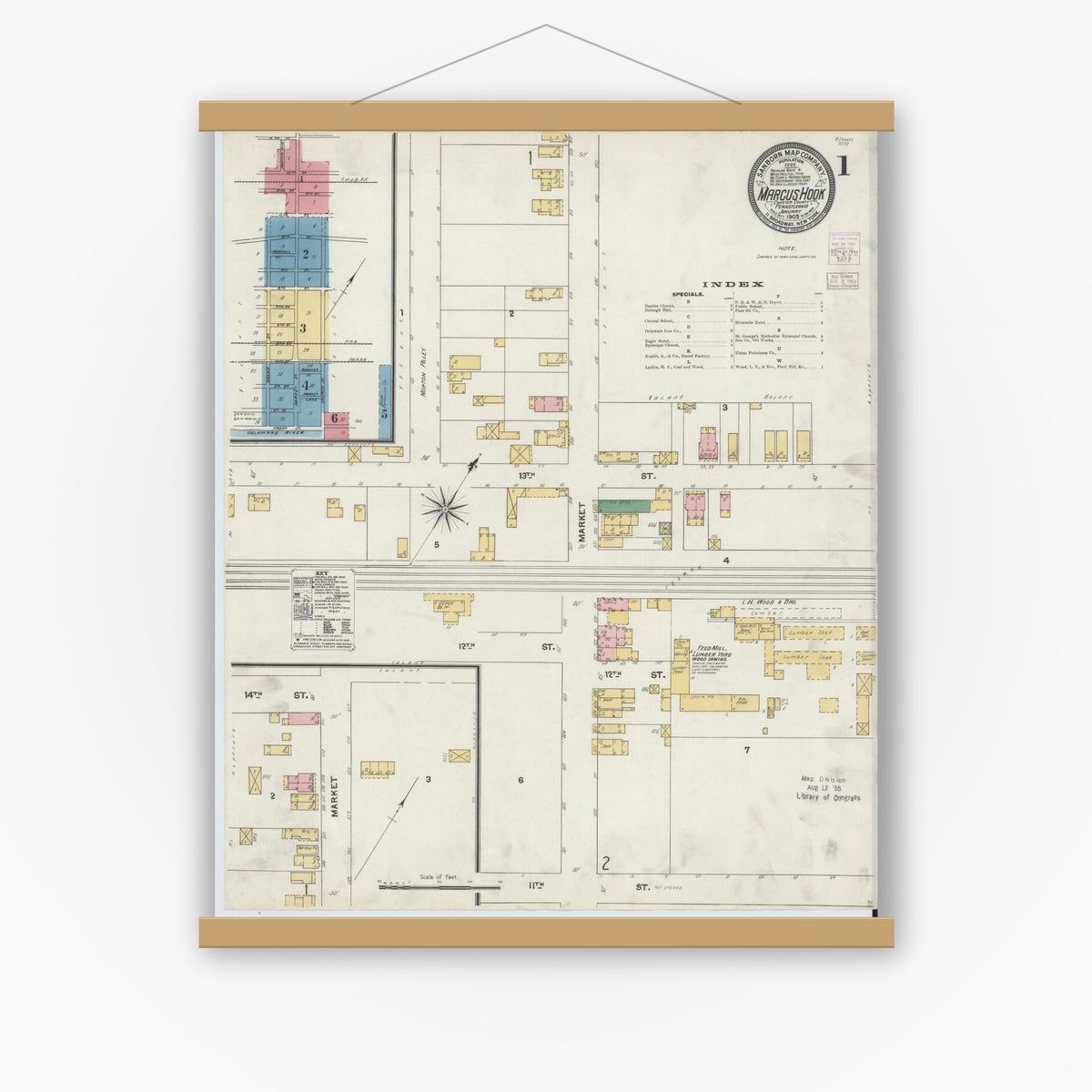 Old map wall art mockup — magnetic wood frame on white wall — Sanborn Fire Insurance Map from Marcus Hook, Chester County, Pennsylvania (1905), Sheet #0001