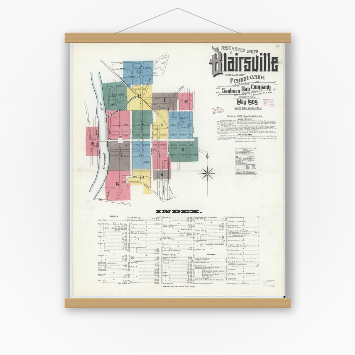 Old map wall art mockup — magnetic wood frame on white wall — Sanborn Fire Insurance Map from Blairsville, Indiana County, Pennsylvania (1909) - Complete Map Set