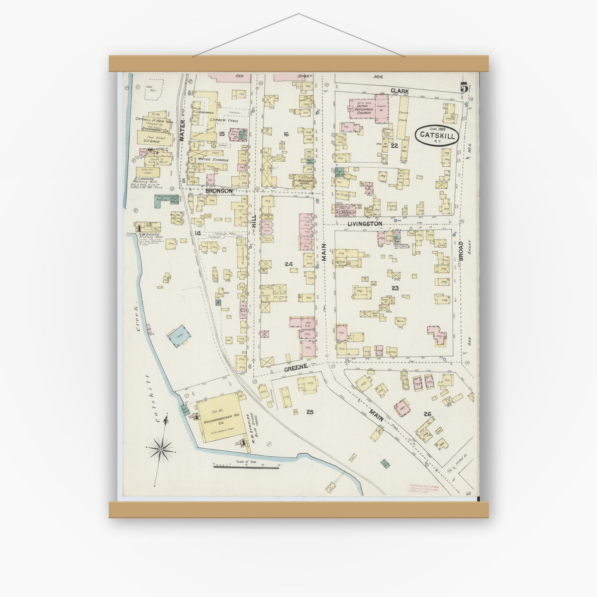Old map wall art mockup — magnetic wood frame on white wall — Sanborn Fire Insurance Map from Catskill, Greene County, New York (1889), Sheet #0005