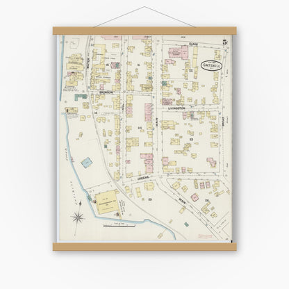 Old map wall art mockup — magnetic wood frame on white wall — Sanborn Fire Insurance Map from Catskill, Greene County, New York (1889), Sheet #0005