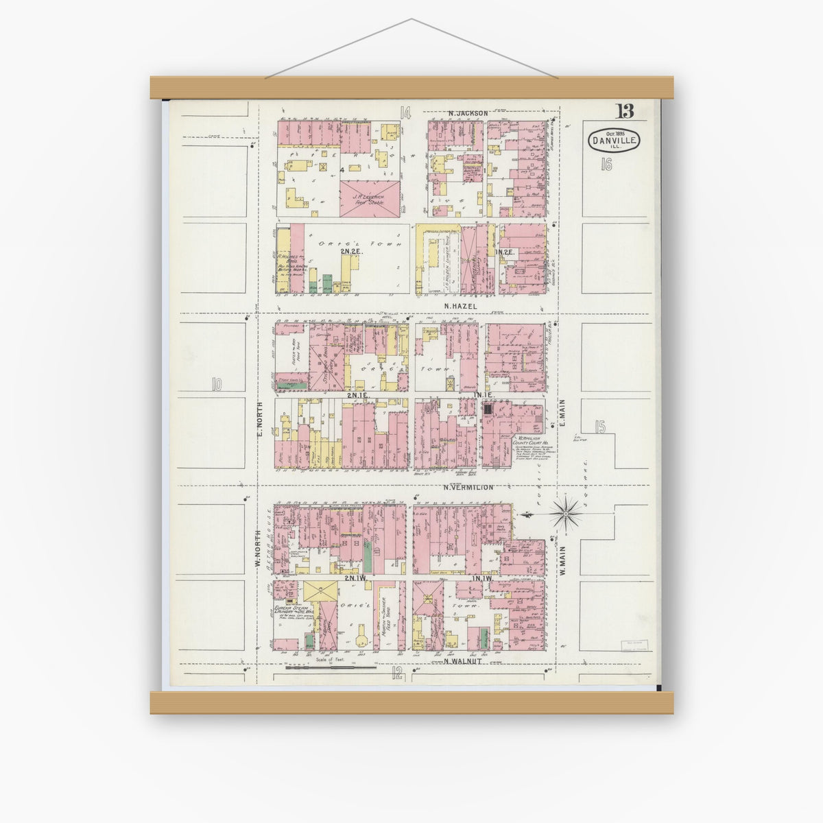 Old map wall art mockup — magnetic wood frame on white wall — Sanborn Fire Insurance Map from Danville, Vermilion County, Illinois (1895), Sheet #0013