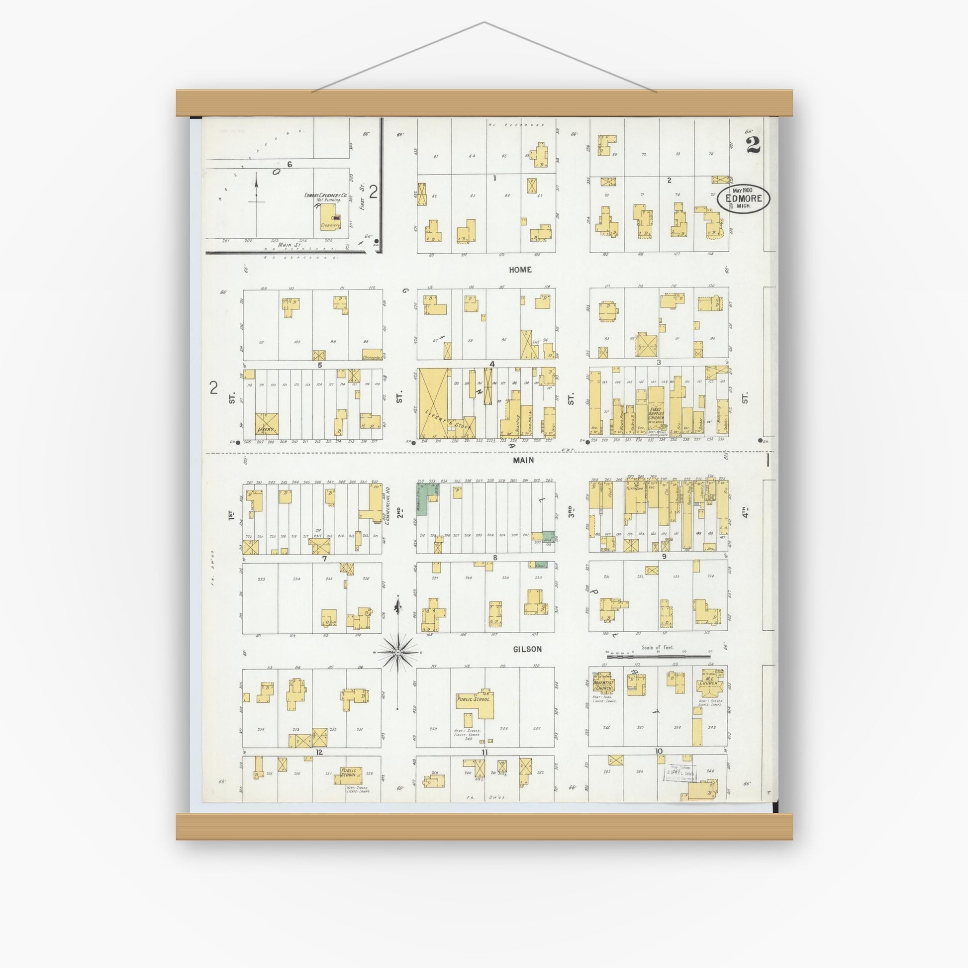 Old map wall art mockup — magnetic wood frame on white wall — Sanborn Fire Insurance Map from Edmore, Montcalm County, Michigan (1900), Sheet #0002