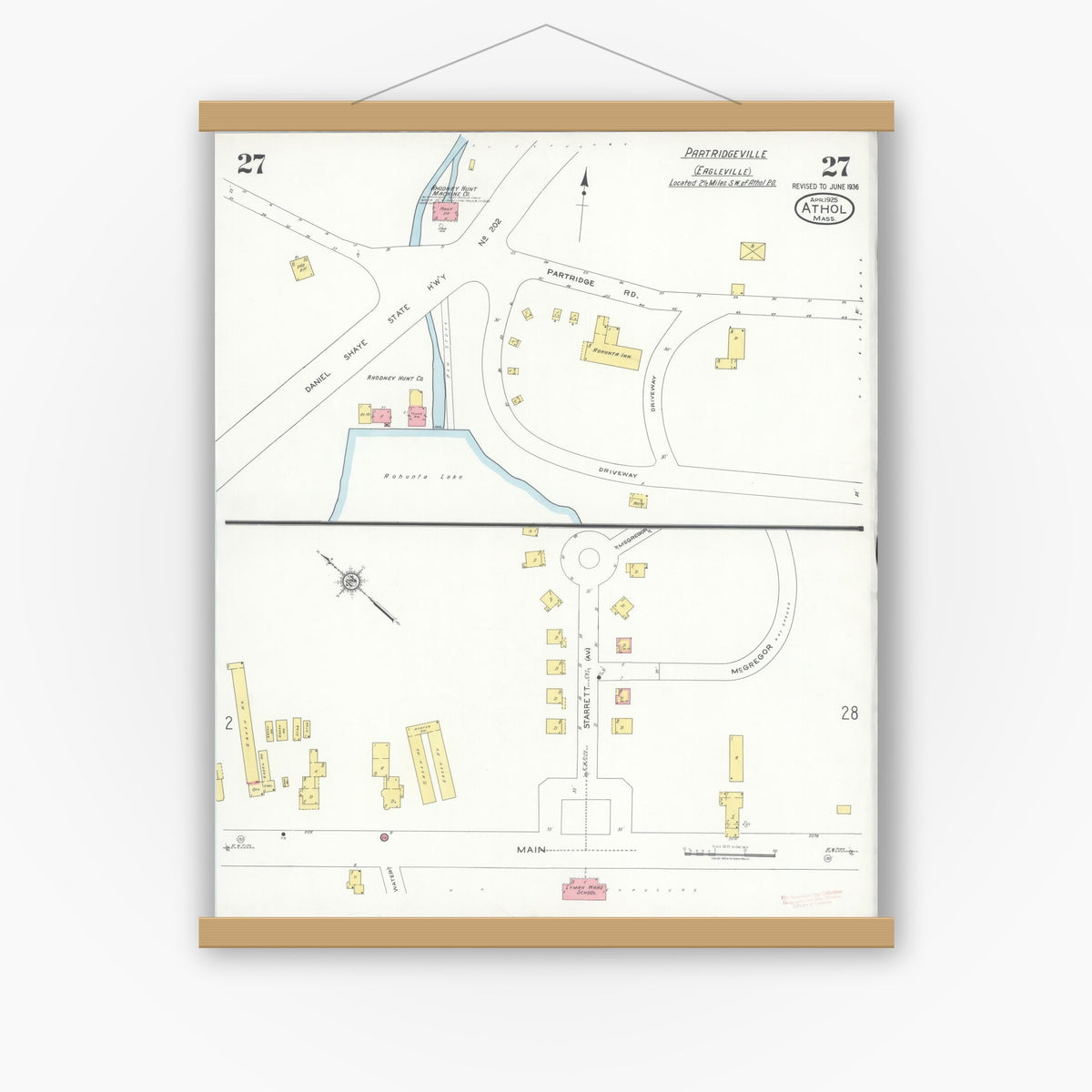 Old map wall art mockup — magnetic wood frame on white wall — Sanborn Fire Insurance Map from Athol, Worcester County, Massachusetts (1936), Sheet #0027