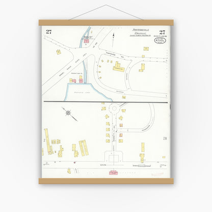 Old map wall art mockup — magnetic wood frame on white wall — Sanborn Fire Insurance Map from Athol, Worcester County, Massachusetts (1936), Sheet #0027