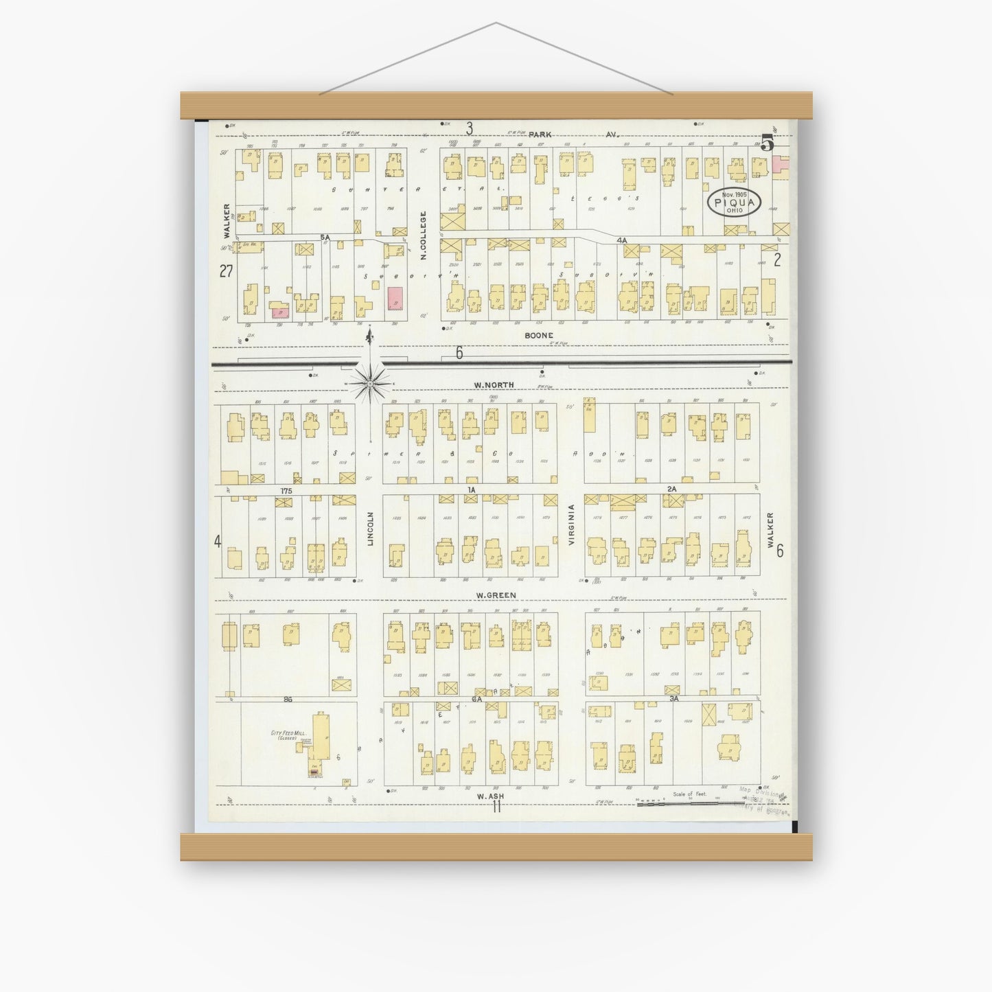 Old map wall art mockup — magnetic wood frame on white wall — Sanborn Fire Insurance Map from Piqua, Miami County, Ohio (1905), Sheet #0005