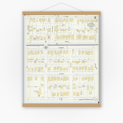 Old map wall art mockup — magnetic wood frame on white wall — Sanborn Fire Insurance Map from Piqua, Miami County, Ohio (1905), Sheet #0005