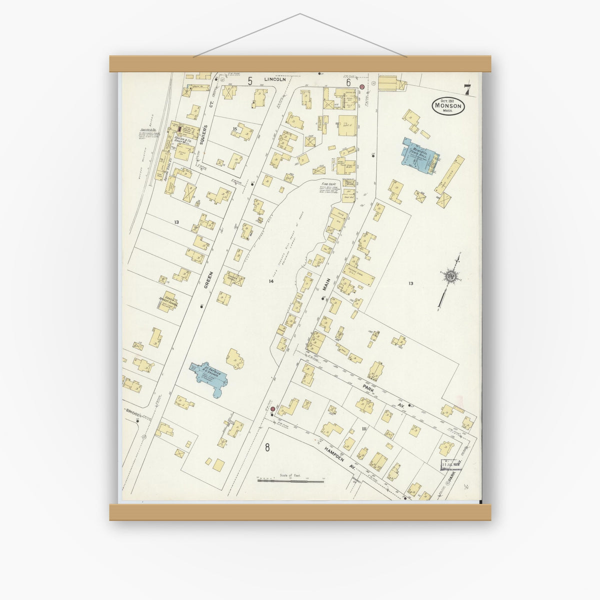 Old map wall art mockup — magnetic wood frame on white wall — Sanborn Fire Insurance Map from Monson, Hampden County, Massachusetts (1911), Sheet #0007