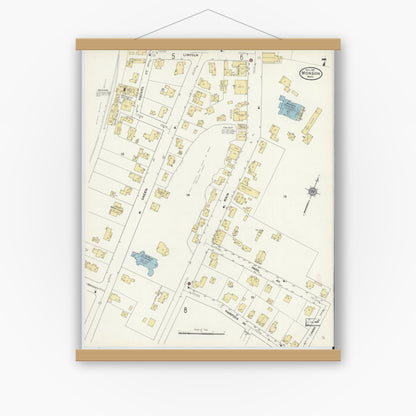 Old map wall art mockup — magnetic wood frame on white wall — Sanborn Fire Insurance Map from Monson, Hampden County, Massachusetts (1911), Sheet #0007