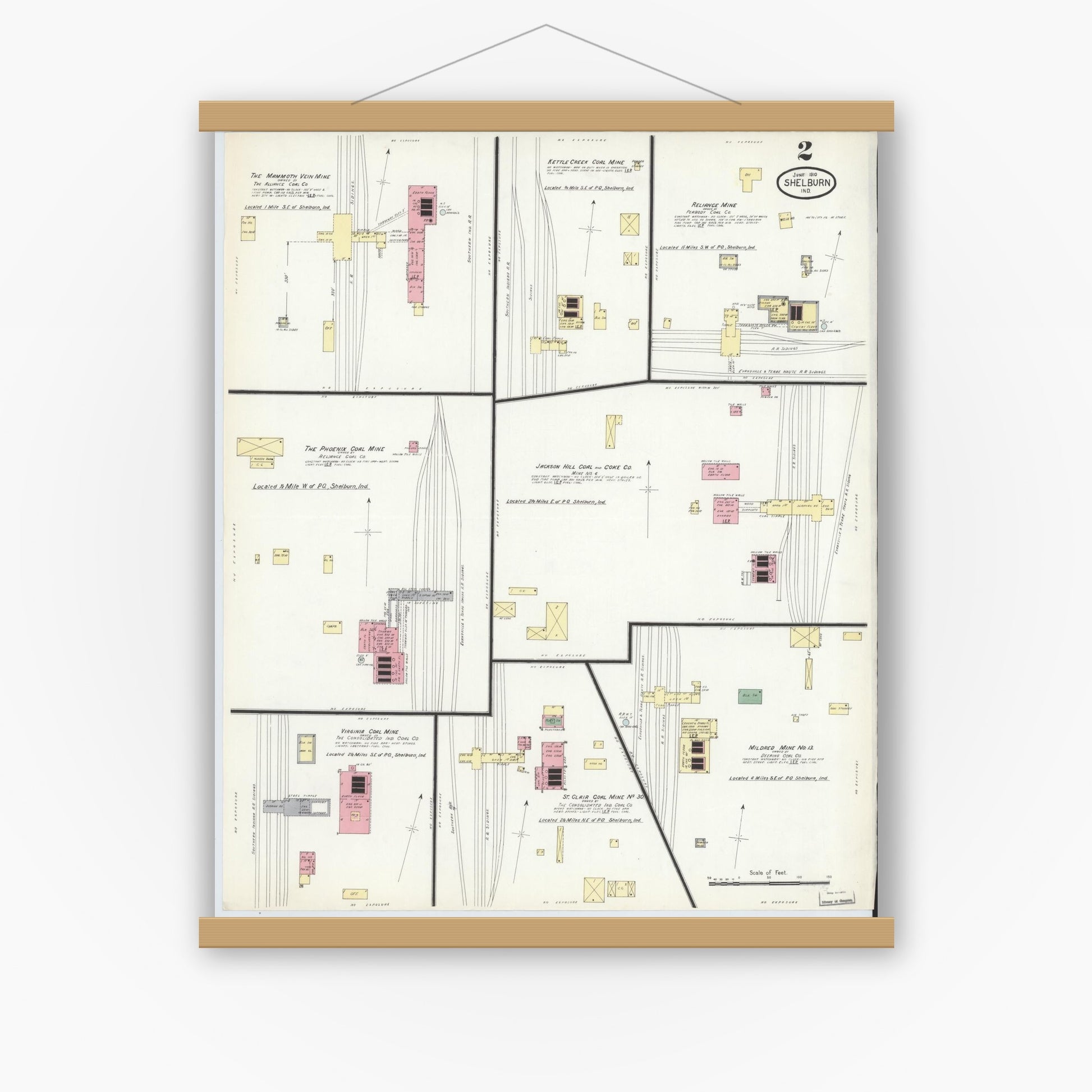 Old map wall art mockup — magnetic wood frame on white wall — Sanborn Fire Insurance Map from Shelburn, Sullivan County, Indiana (1910), Sheet #0002