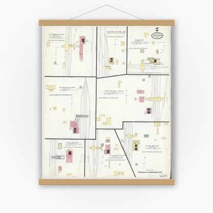 Old map wall art mockup — magnetic wood frame on white wall — Sanborn Fire Insurance Map from Shelburn, Sullivan County, Indiana (1910), Sheet #0002