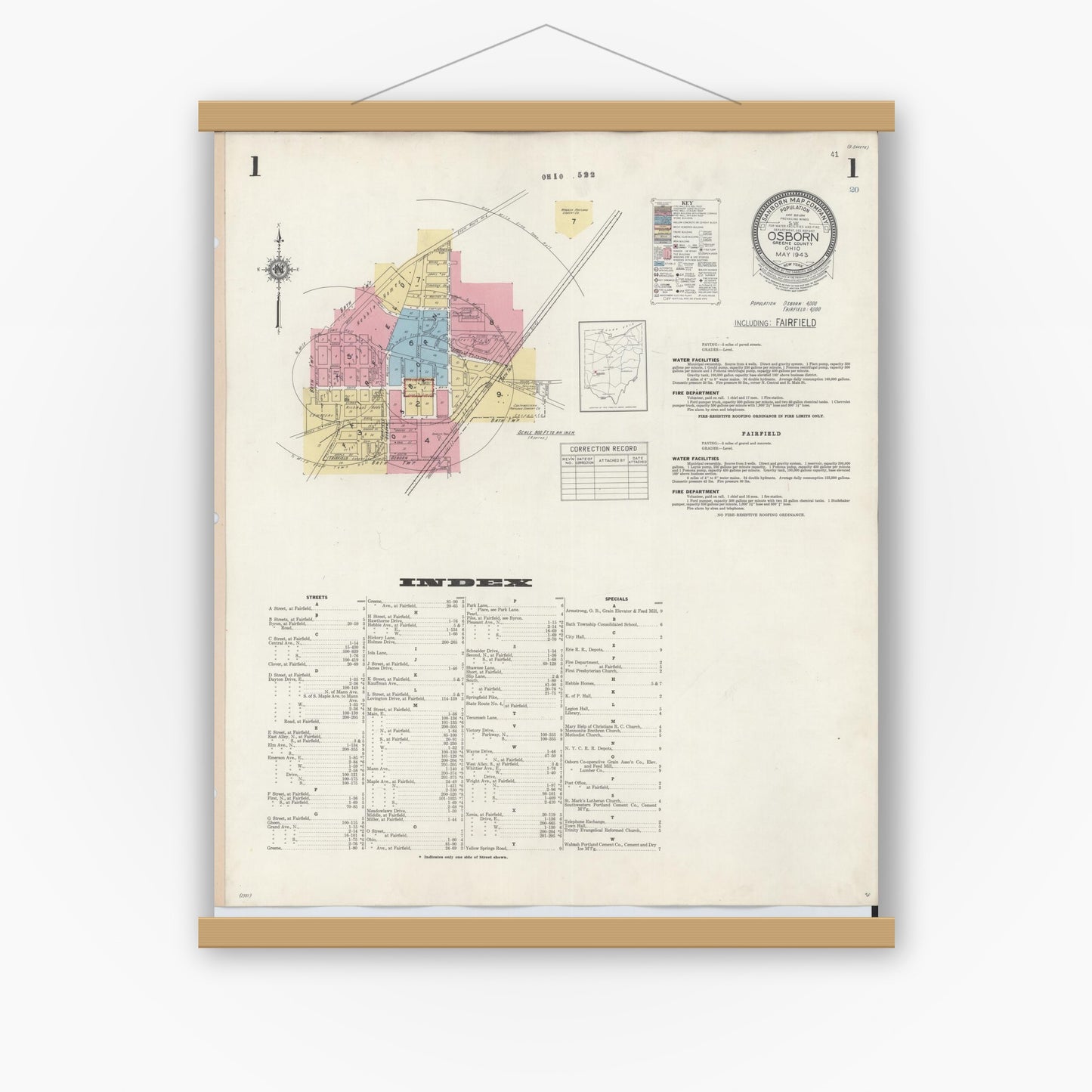 Old map wall art mockup — magnetic wood frame on white wall — Sanborn Fire Insurance Map from Osborn, Greene County, Ohio (1943), Sheet #0001