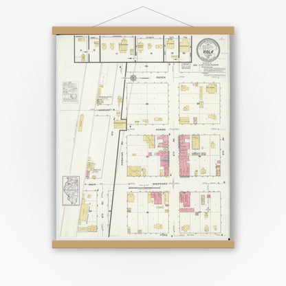 Old map wall art mockup — magnetic wood frame on white wall — Sanborn Fire Insurance Map from Viola, Mercer County, Illinois (1917), Sheet #0001