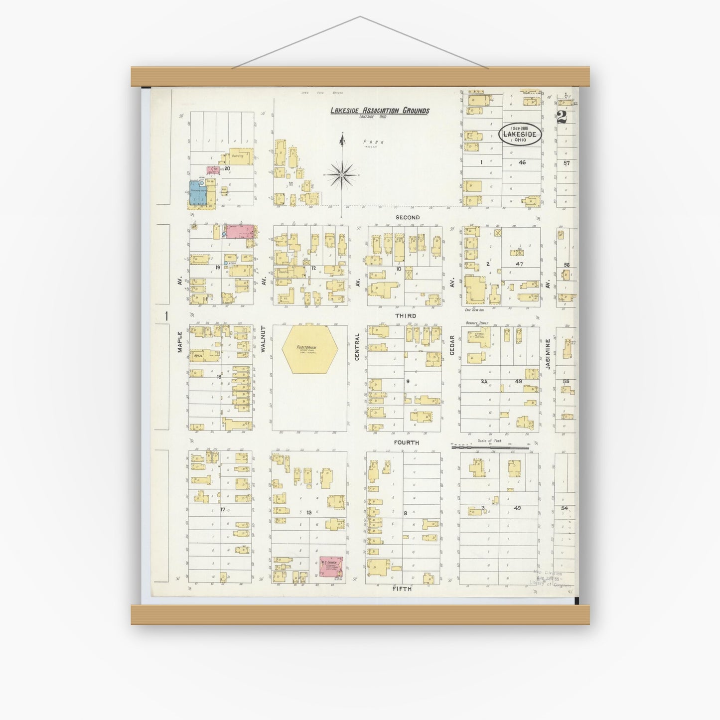 Old map wall art mockup — magnetic wood frame on white wall — Sanborn Fire Insurance Map from Lakeside, Ottawa County, Ohio (1905), Sheet #0002