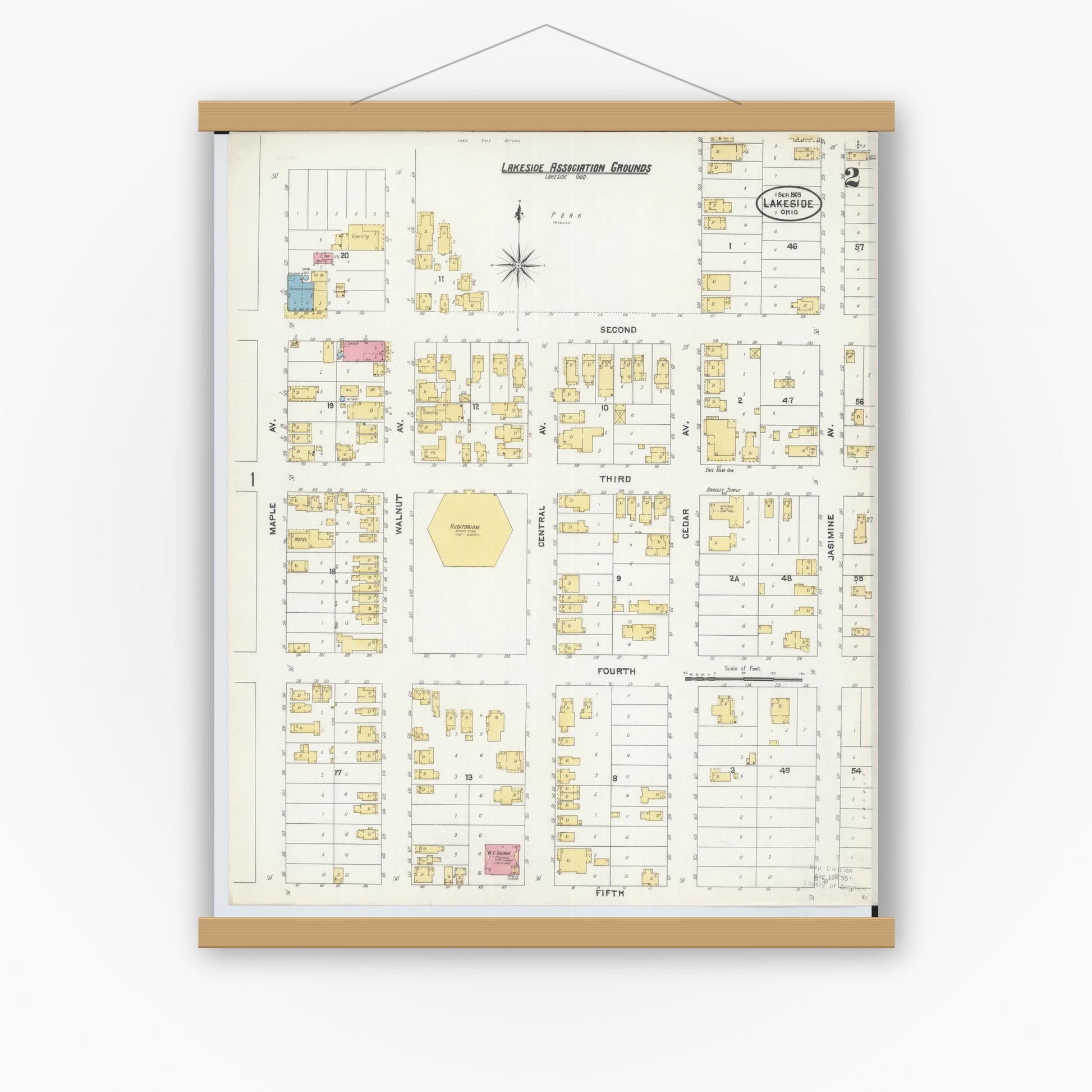 Old map wall art mockup — magnetic wood frame on white wall — Sanborn Fire Insurance Map from Lakeside, Ottawa County, Ohio (1905), Sheet #0002