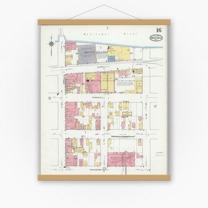 Old map wall art mockup — magnetic wood frame on white wall — Sanborn Fire Insurance Map from Manitowoc, Manitowoc County, Wisconsin (1919), Sheet #0016