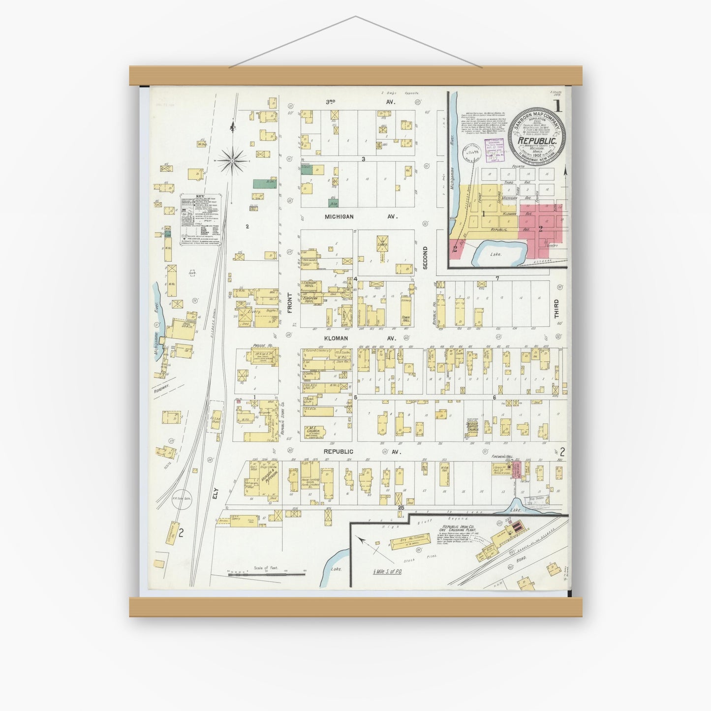 Old map wall art mockup — magnetic wood frame on white wall — Sanborn Fire Insurance Map from Republic, Marquette County, Michigan (1902) - Complete Map Set