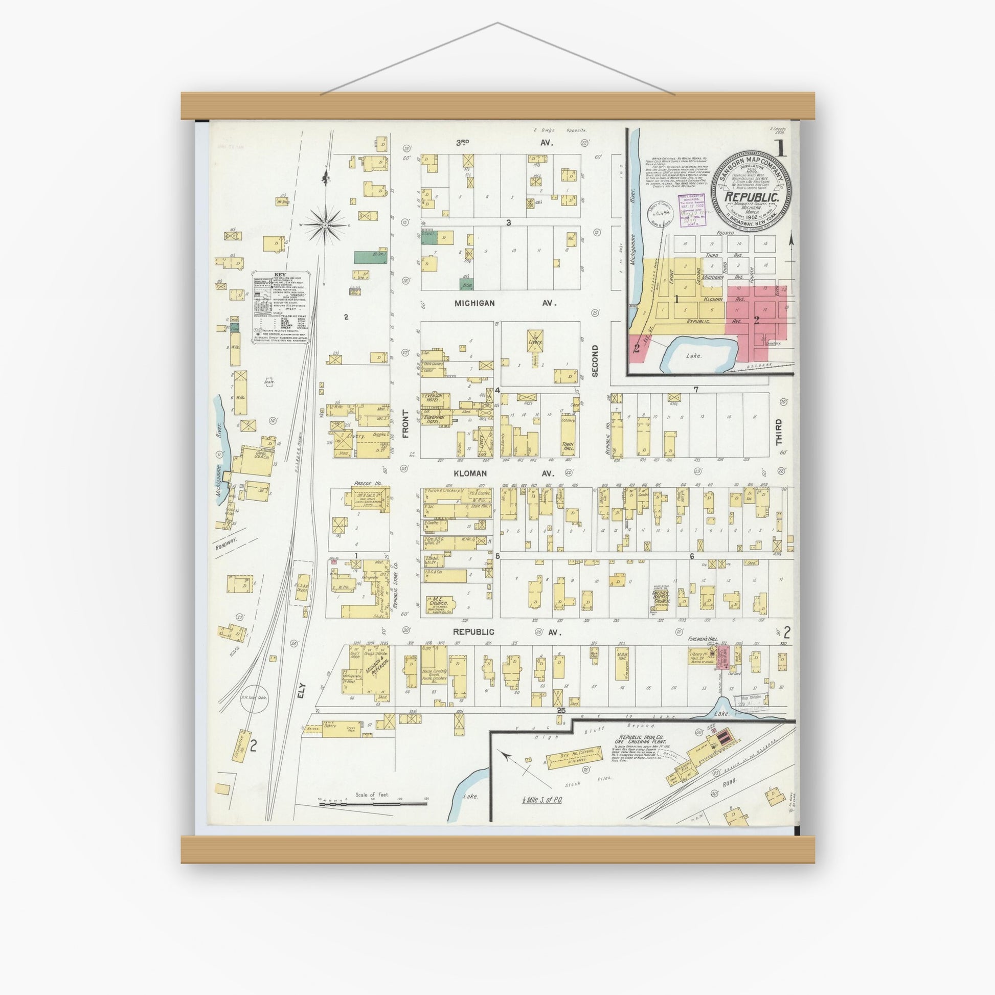 Old map wall art mockup — magnetic wood frame on white wall — Sanborn Fire Insurance Map from Republic, Marquette County, Michigan (1902) - Complete Map Set
