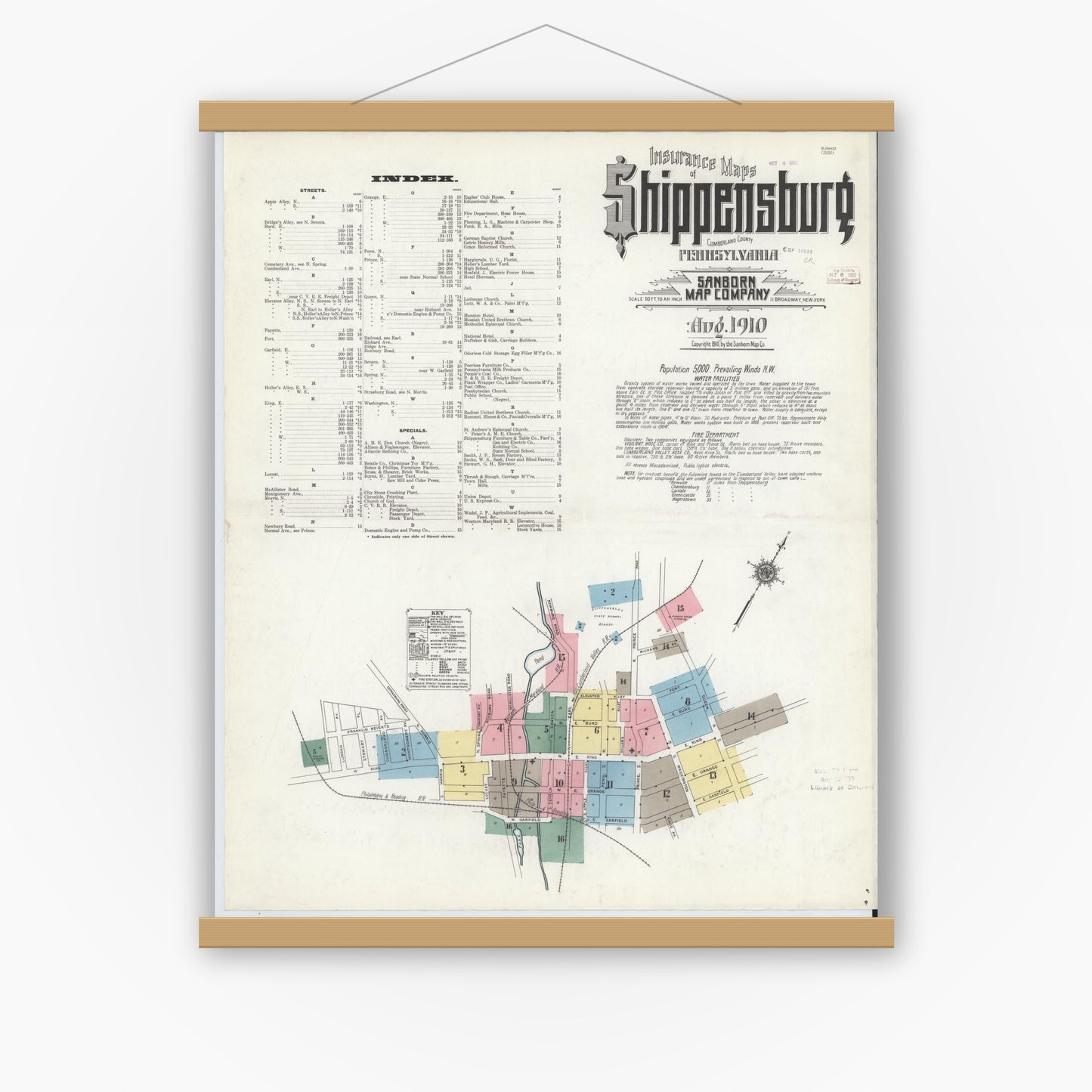 Old map wall art mockup — magnetic wood frame on white wall — Sanborn Fire Insurance Map from Shippensburg, Cumberland And Franklin Counties, Pennsylvania (1910) - Complete Map Set