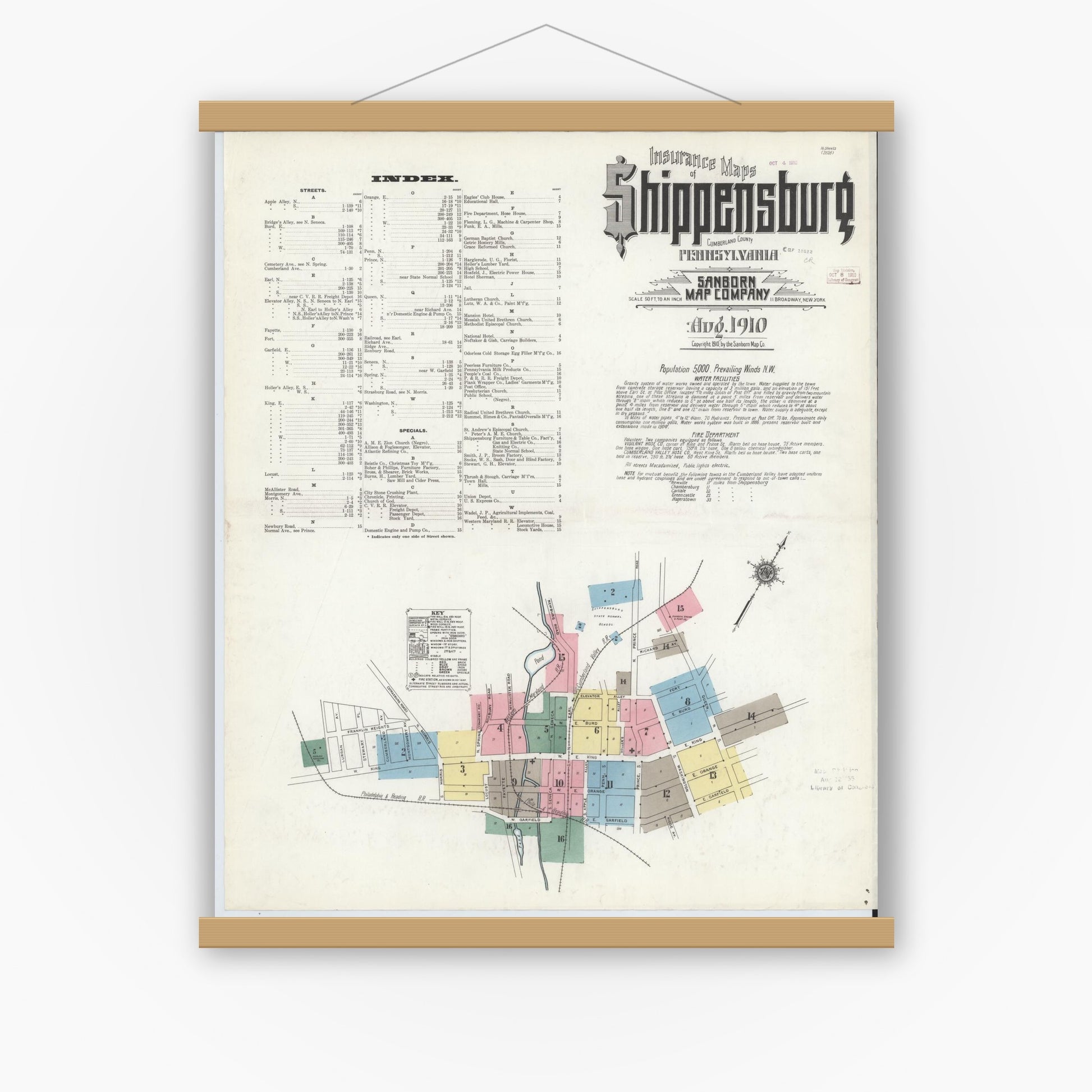 Old map wall art mockup — magnetic wood frame on white wall — Sanborn Fire Insurance Map from Shippensburg, Cumberland And Franklin Counties, Pennsylvania (1910) - Complete Map Set