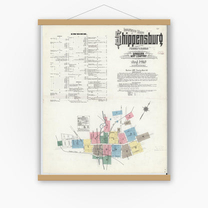 Old map wall art mockup — magnetic wood frame on white wall — Sanborn Fire Insurance Map from Shippensburg, Cumberland And Franklin Counties, Pennsylvania (1910) - Complete Map Set