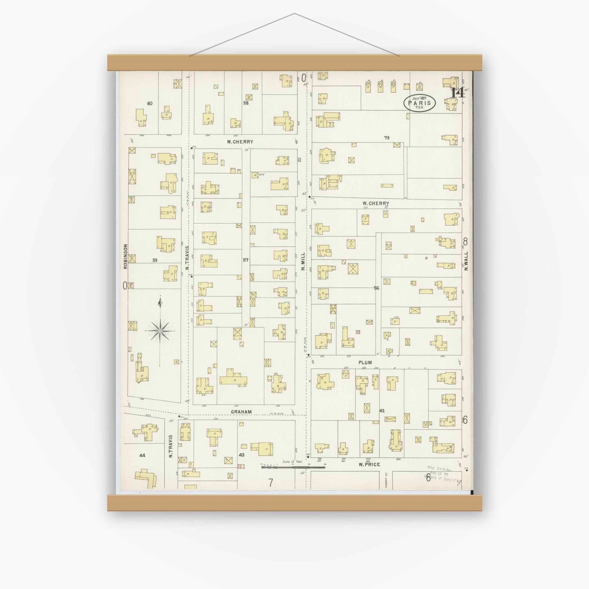 Old map wall art mockup — magnetic wood frame on white wall — Sanborn Fire Insurance Map from Paris, Lamar County, Texas (1897), Sheet #0014