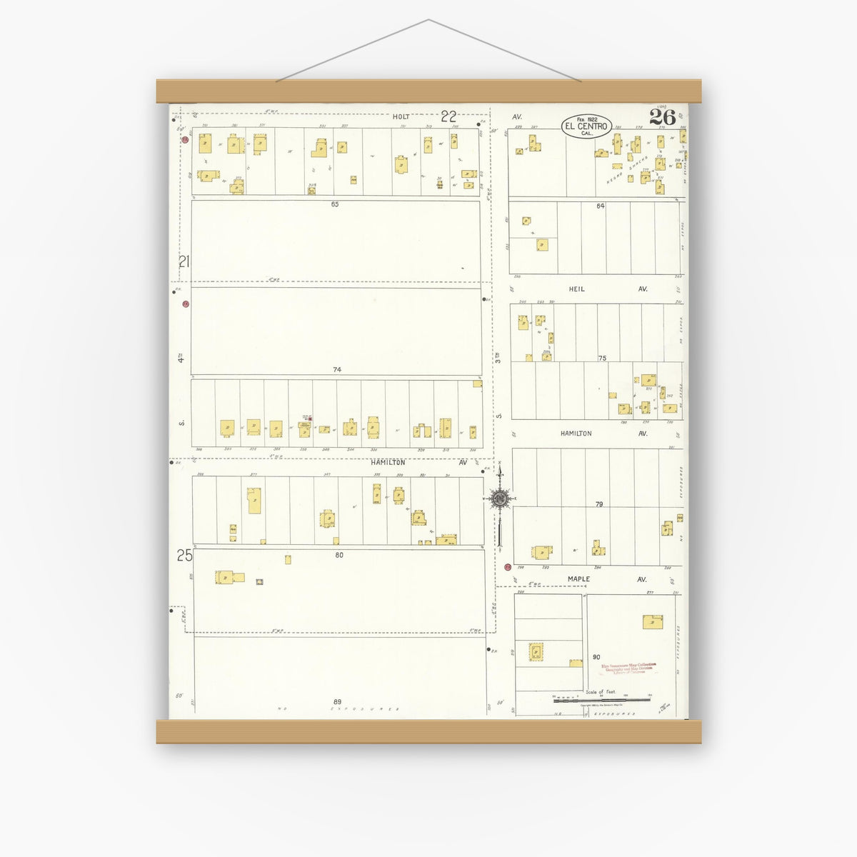 Old map wall art mockup — magnetic wood frame on white wall — Sanborn Fire Insurance Map from El Centro, Imperial County, California (1922), Sheet #0026