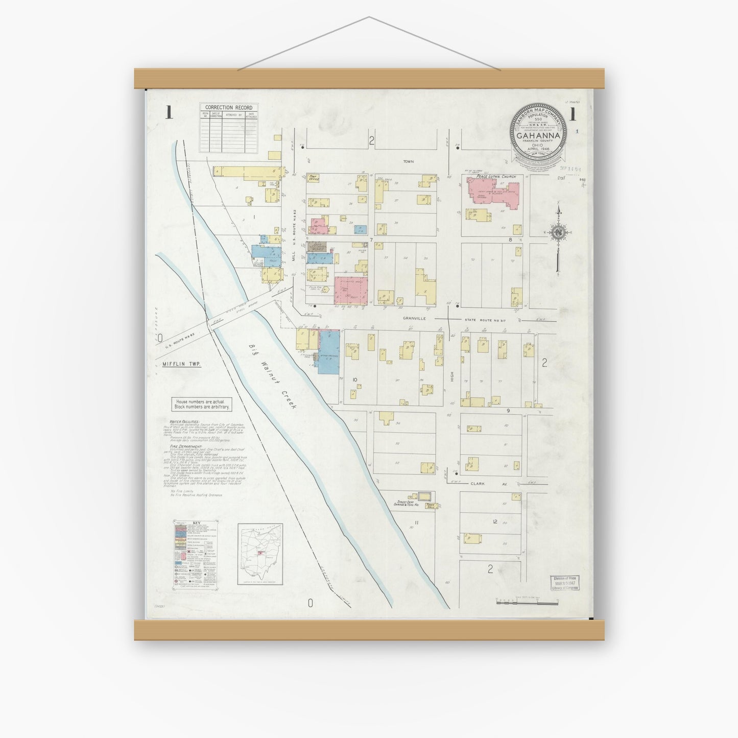 Old map wall art mockup — magnetic wood frame on white wall — Sanborn Fire Insurance Map from Gahanna, Franklin County, Ohio (1946) - Complete Map Set