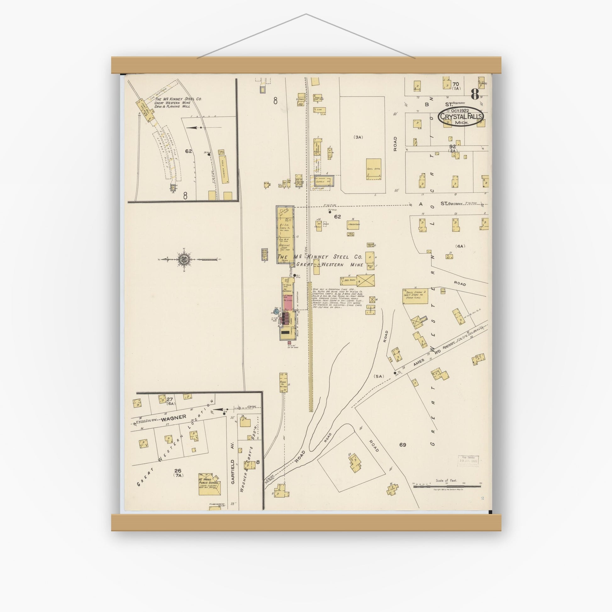 Old map wall art mockup — magnetic wood frame on white wall — Sanborn Fire Insurance Map from Crystal Falls, Iron County, Michigan (1922), Sheet #0008