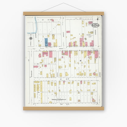 Old map wall art mockup — magnetic wood frame on white wall — Sanborn Fire Insurance Map from New Prague, Scott And Le Sueur, Minnesota (1919), Sheet #0004