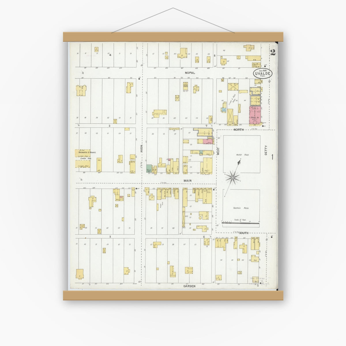Old map wall art mockup — magnetic wood frame on white wall — Sanborn Fire Insurance Map from Uvalde, Uvalde County, Texas (1900), Sheet #0002