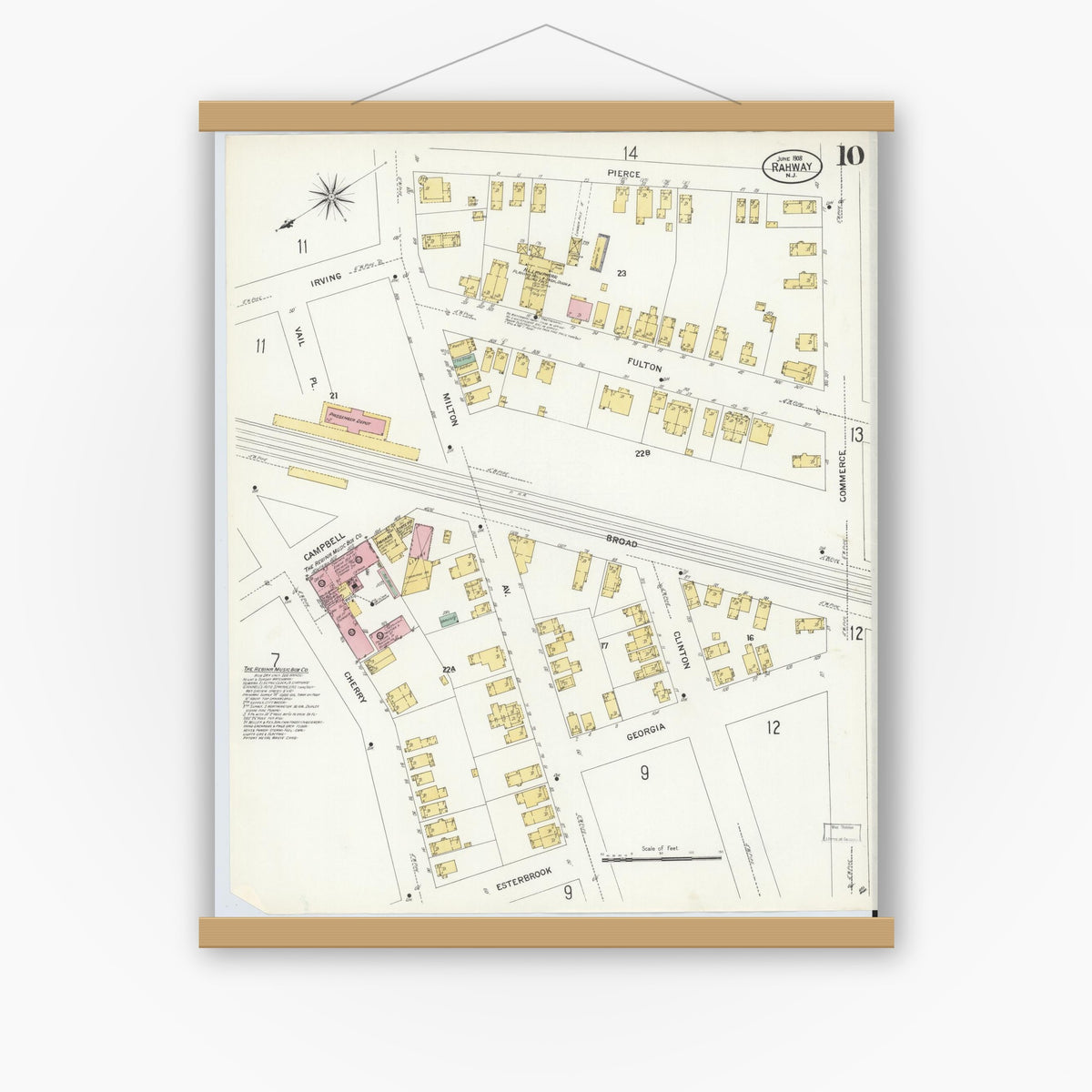 Old map wall art mockup — magnetic wood frame on white wall — Sanborn Fire Insurance Map from Rahway, Union County, New Jersey (1908), Sheet #0010