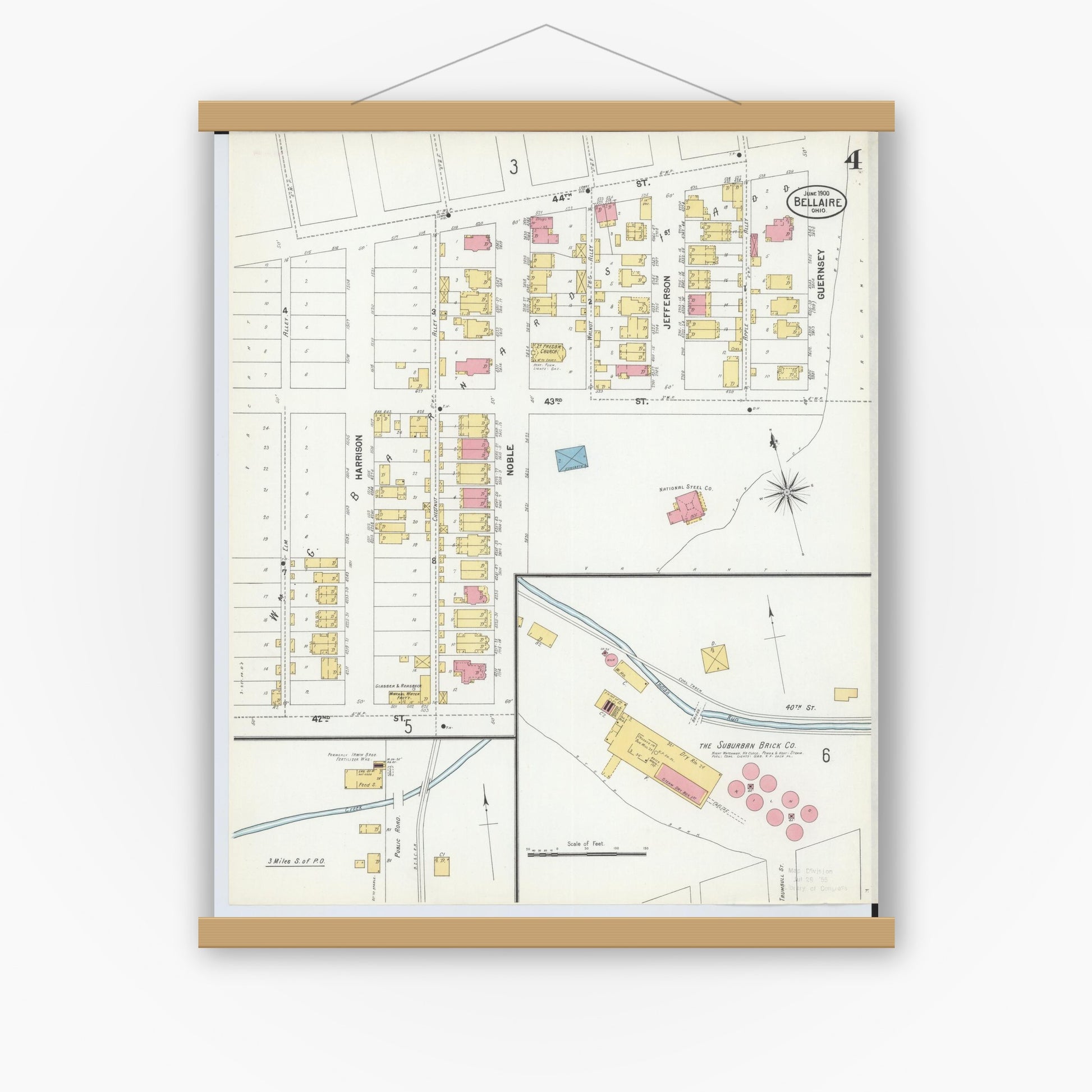 Old map wall art mockup — magnetic wood frame on white wall — Sanborn Fire Insurance Map from Bellaire, Belmont County, Ohio (1900), Sheet #0004