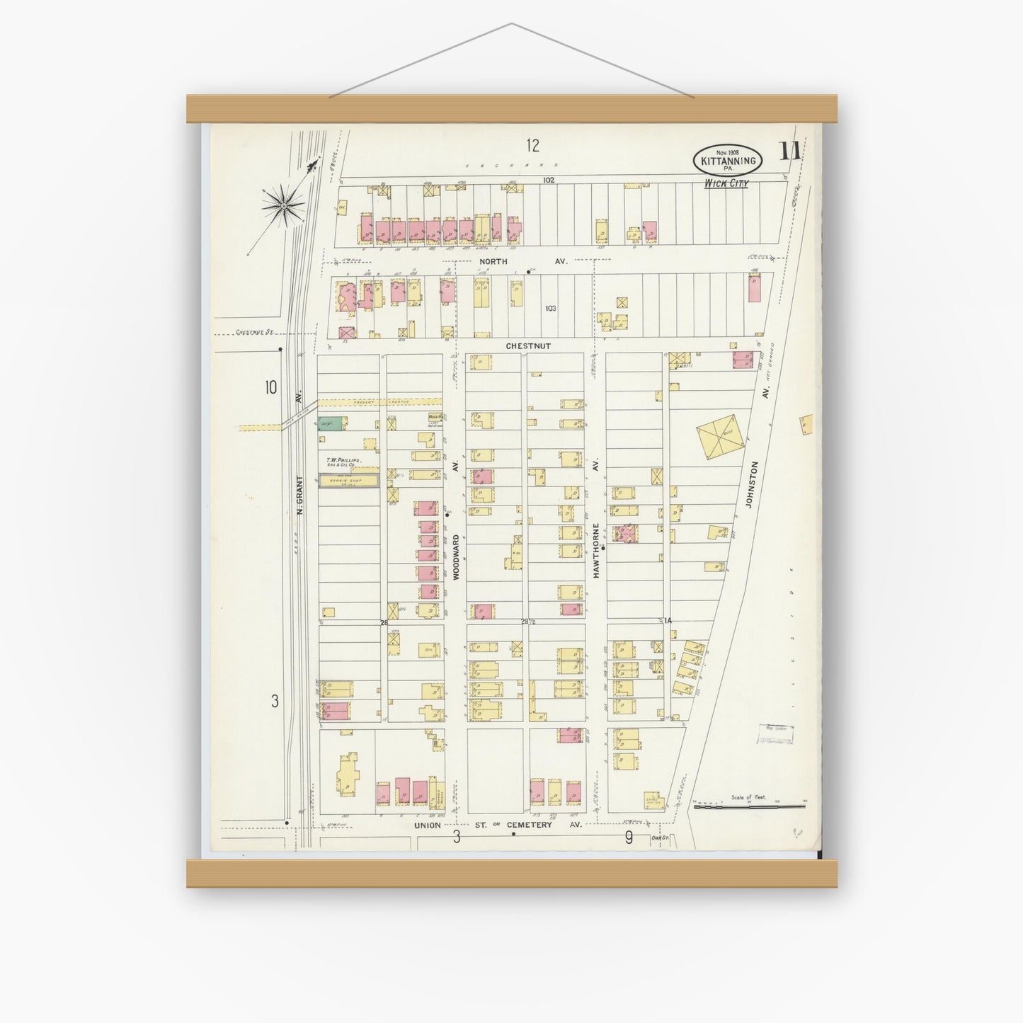Old map wall art mockup — magnetic wood frame on white wall — Sanborn Fire Insurance Map from Kittanning, Armstrong County, Pennsylvania (1909), Sheet #0011