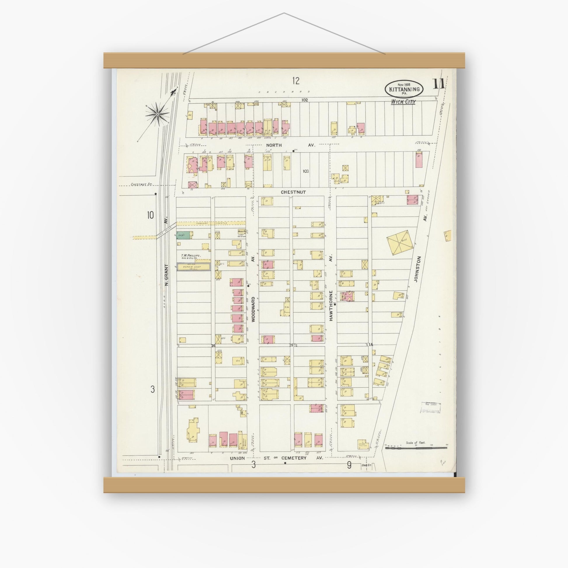 Old map wall art mockup — magnetic wood frame on white wall — Sanborn Fire Insurance Map from Kittanning, Armstrong County, Pennsylvania (1909), Sheet #0011