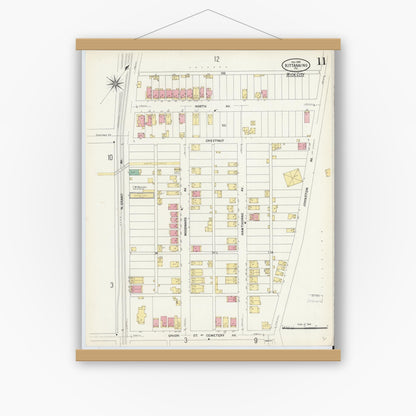 Old map wall art mockup — magnetic wood frame on white wall — Sanborn Fire Insurance Map from Kittanning, Armstrong County, Pennsylvania (1909), Sheet #0011