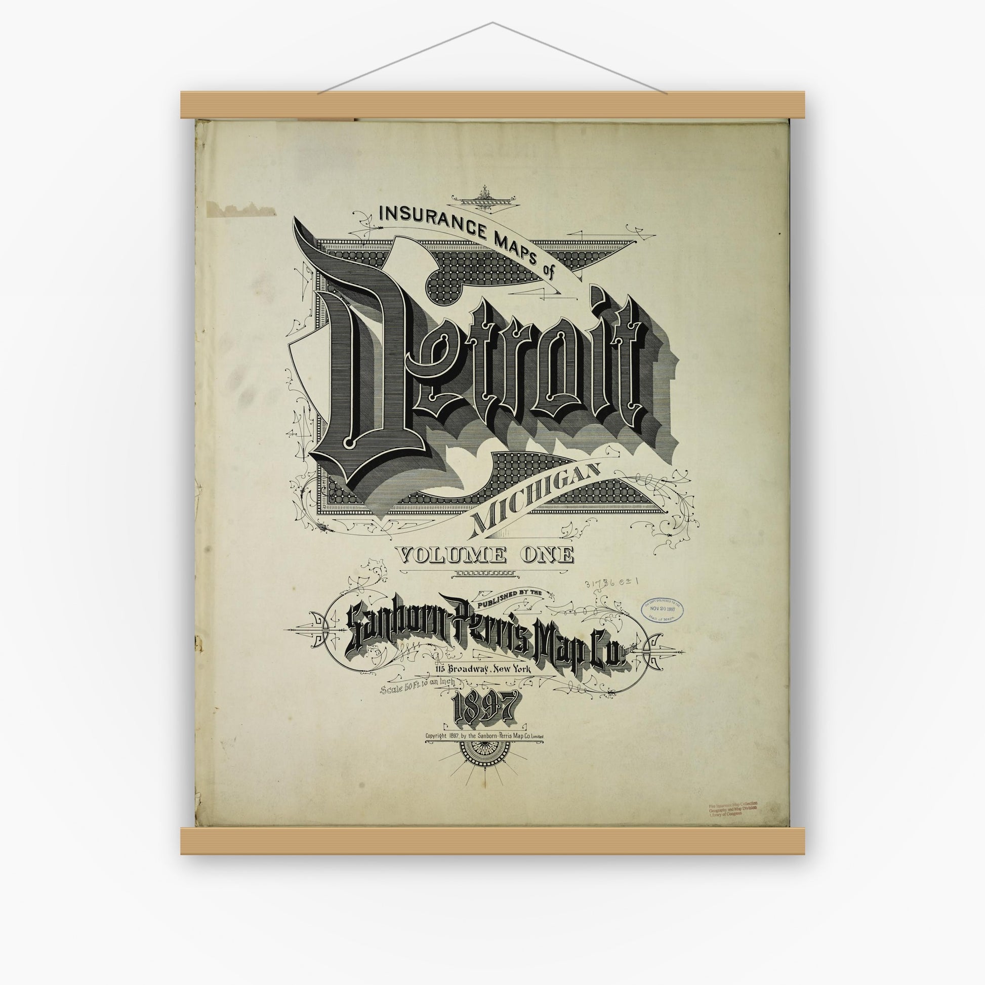 Old map wall art mockup — magnetic wood frame on white wall — Sanborn Fire Insurance Map from Detroit, Wayne County, Michigan (1897), Sheet #0001