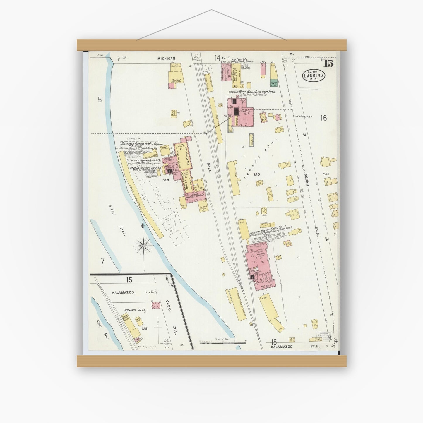 Old map wall art mockup — magnetic wood frame on white wall — Sanborn Fire Insurance Map from Lansing, Ingham County, Michigan (1898), Sheet #0015