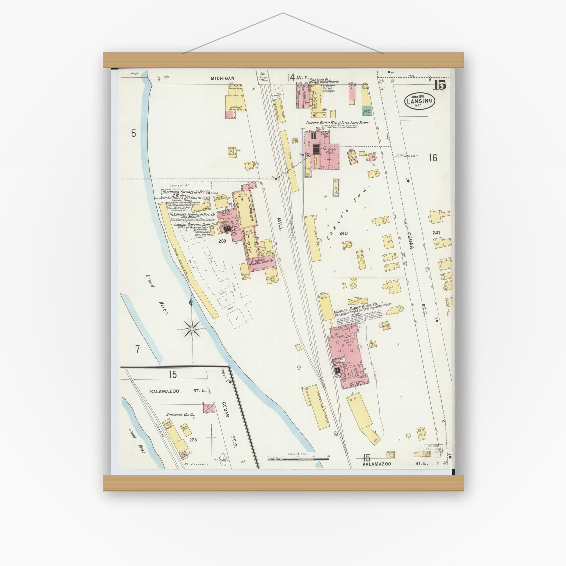 Old map wall art mockup — magnetic wood frame on white wall — Sanborn Fire Insurance Map from Lansing, Ingham County, Michigan (1898), Sheet #0015