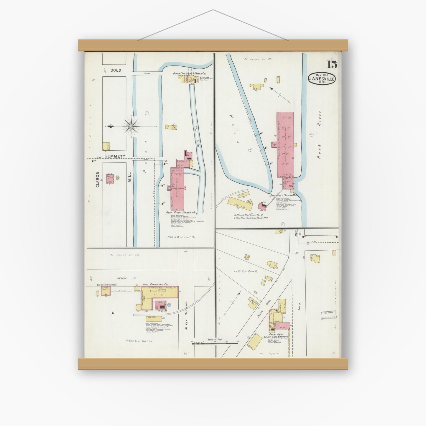 Old map wall art mockup — magnetic wood frame on white wall — Sanborn Fire Insurance Map from Janesville, Rock County, Wisconsin (1895), Sheet #0015