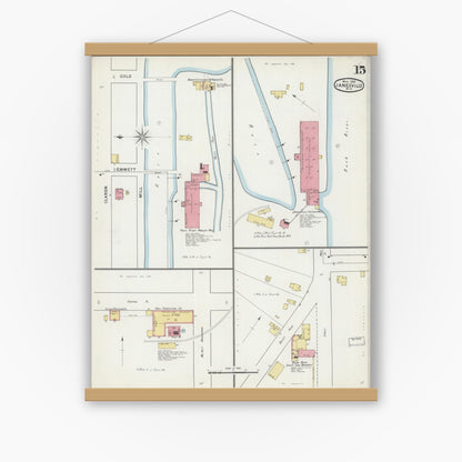 Old map wall art mockup — magnetic wood frame on white wall — Sanborn Fire Insurance Map from Janesville, Rock County, Wisconsin (1895), Sheet #0015
