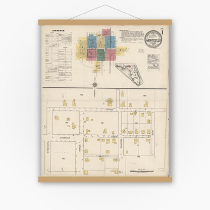 Old map wall art mockup — magnetic wood frame on white wall — Sanborn Fire Insurance Map from Monticello, Jefferson County, Florida (1922), Sheet #0001
