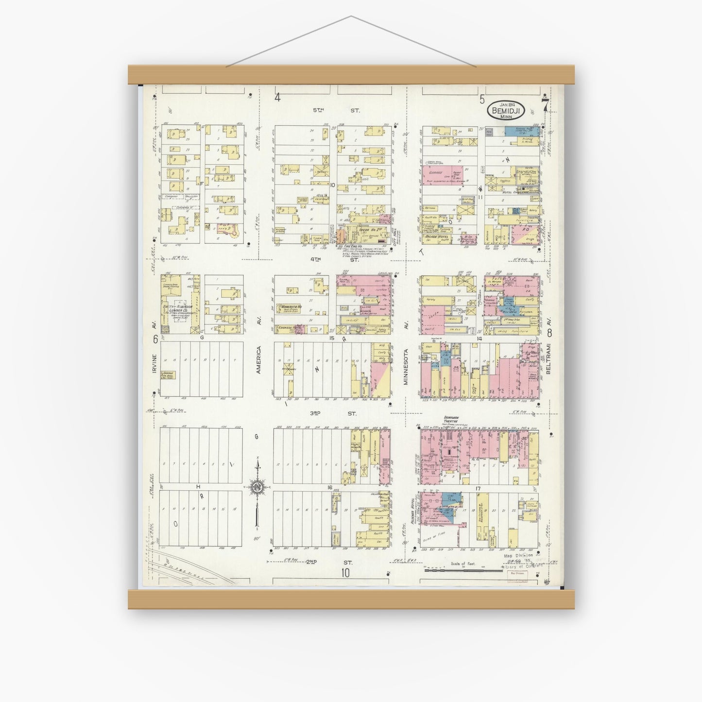 Old map wall art mockup — magnetic wood frame on white wall — Sanborn Fire Insurance Map from Bemidji, Beltrami County, Minnesota (1914), Sheet #0007