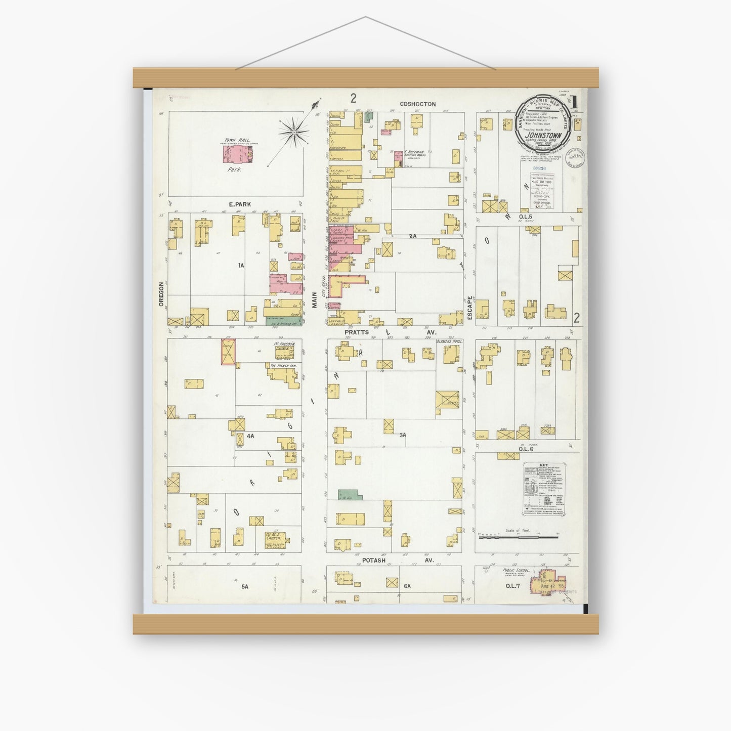 Old map wall art mockup — magnetic wood frame on white wall — Sanborn Fire Insurance Map from Johnstown, Licking County, Ohio (1900), Sheet #0001