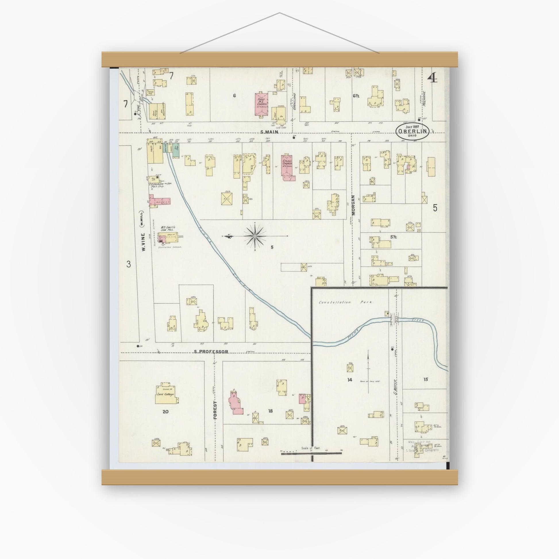 Old map wall art mockup — magnetic wood frame on white wall — Sanborn Fire Insurance Map from Oberlin, Lorain County, Ohio (1897), Sheet #0004
