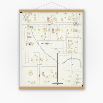 Old map wall art mockup — magnetic wood frame on white wall — Sanborn Fire Insurance Map from Oberlin, Lorain County, Ohio (1897), Sheet #0004
